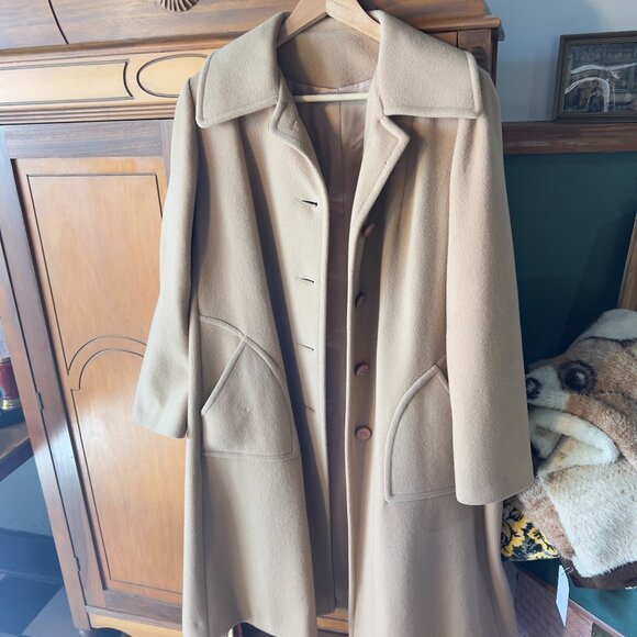 Vintage 1960s Pure Wool Coat Camel Brown Overcoat Collared Long Line Warm Sz 10 - Picture 1 of 12
